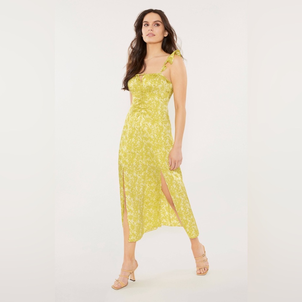 CINQ À SEPT Millicent Floral Midi Dress in Pear Multi Leg Slit Yellow Size 2